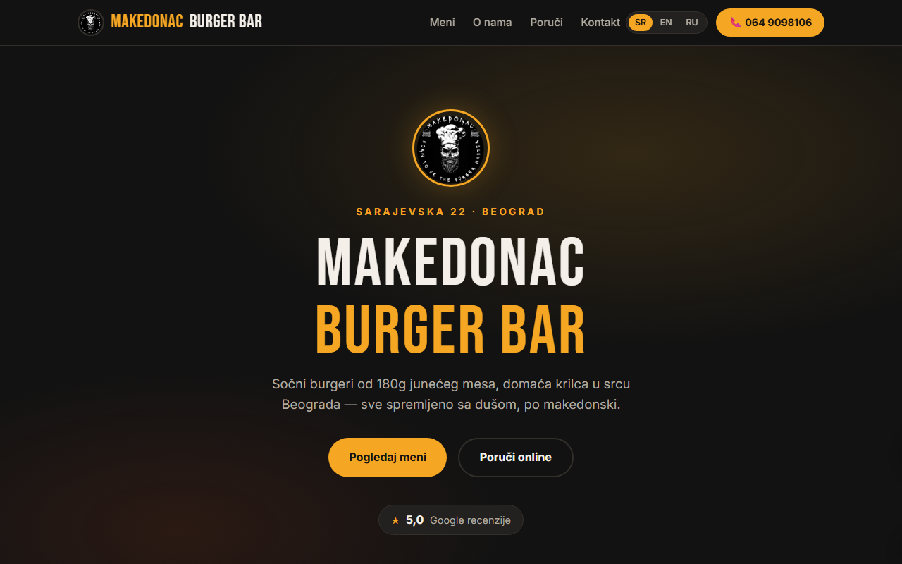 Makedonac Burger Bar — restaurant website with online ordering