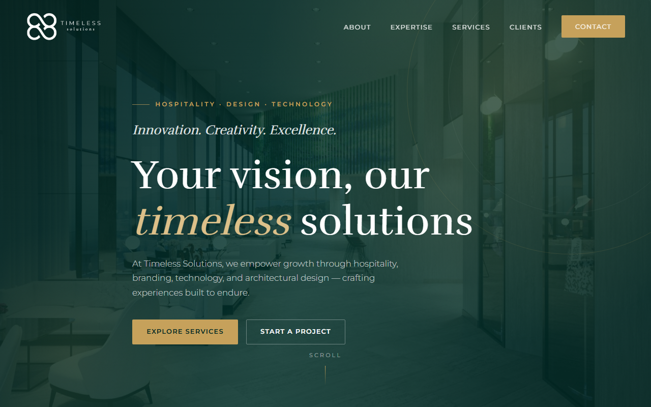 Timeless Solutions website — hospitality, branding and architectural design